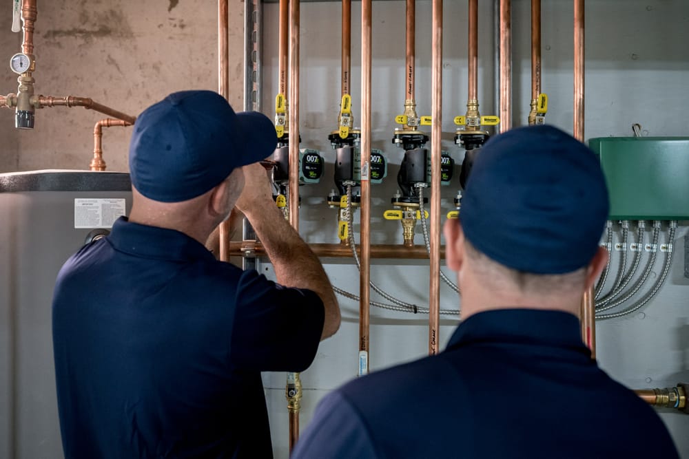 Two technicians inspectinb boiler unit on wall.