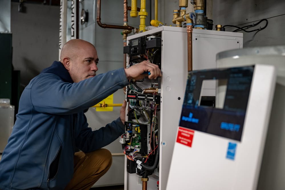 Technician kneeling in front of open furnace and repairing it.