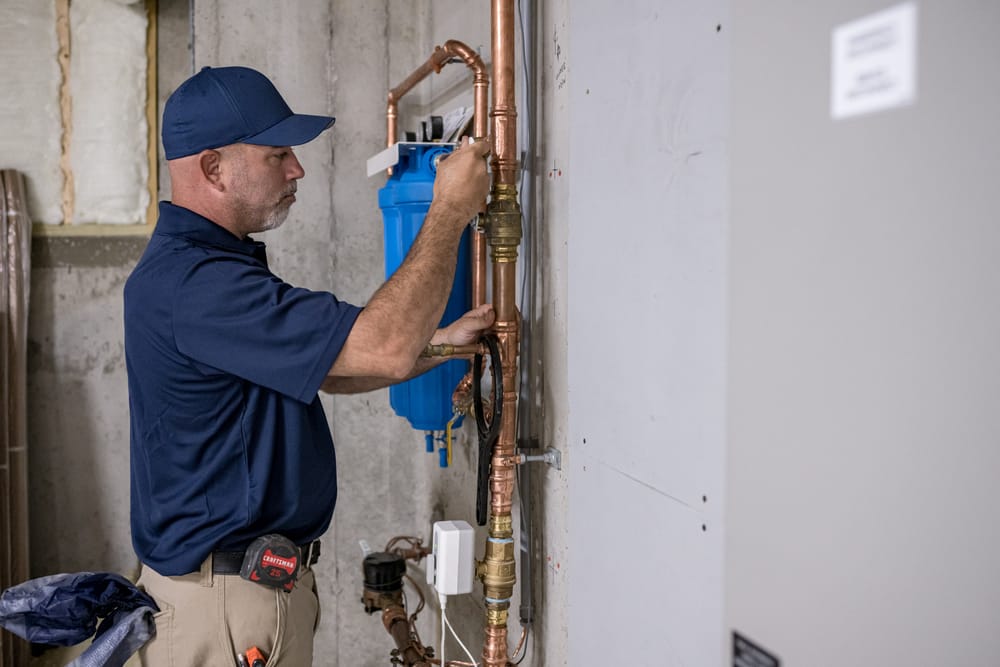 Technician installing water filtration system with water softener installed.