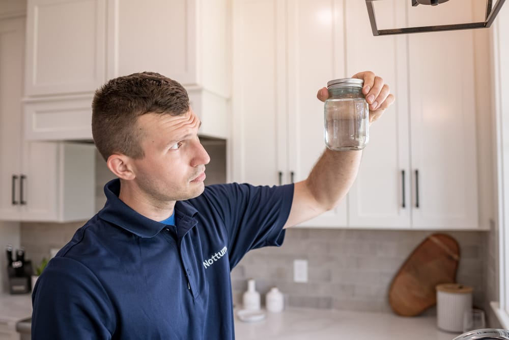 Notturno technician inspecting water during a water quality service.